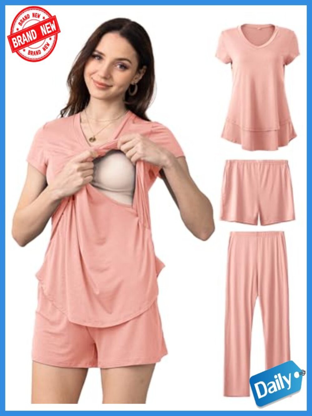 3-Piece Maternity Nursing Pajama Set - Hidden Nursing Top, Adjustable Shorts &